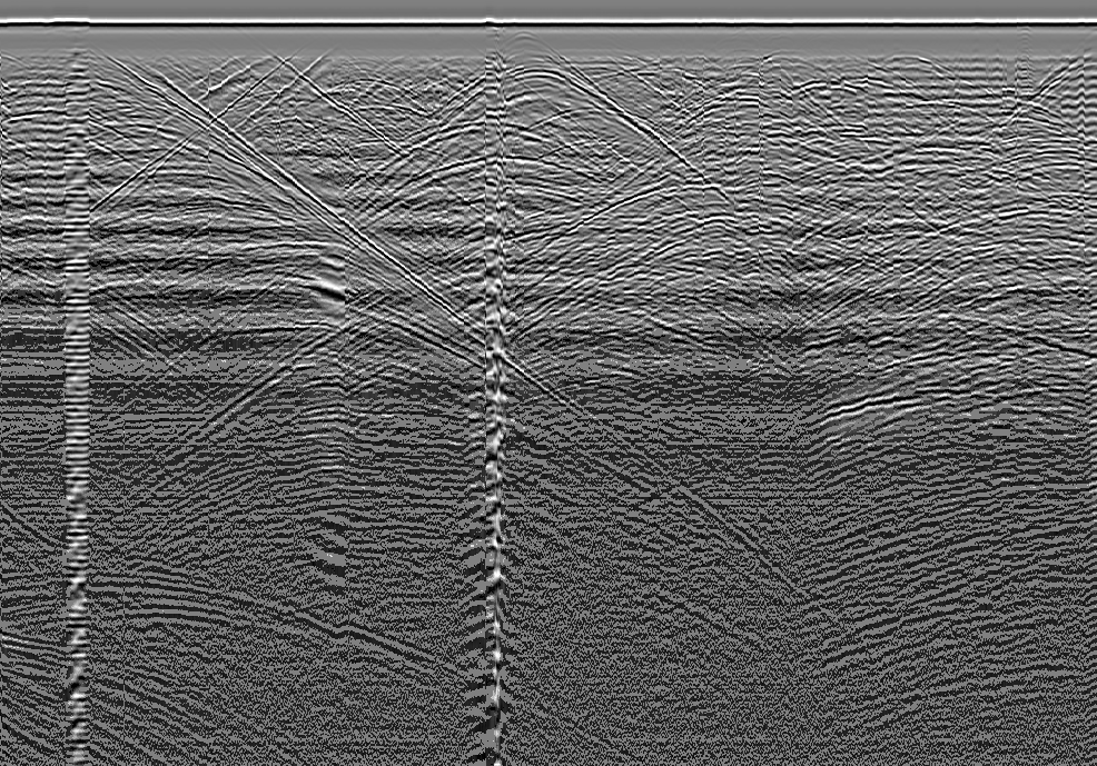 Migrated GPR radargram, Grimsel granite (AU tunnel, MALA GX160 160 MHz)