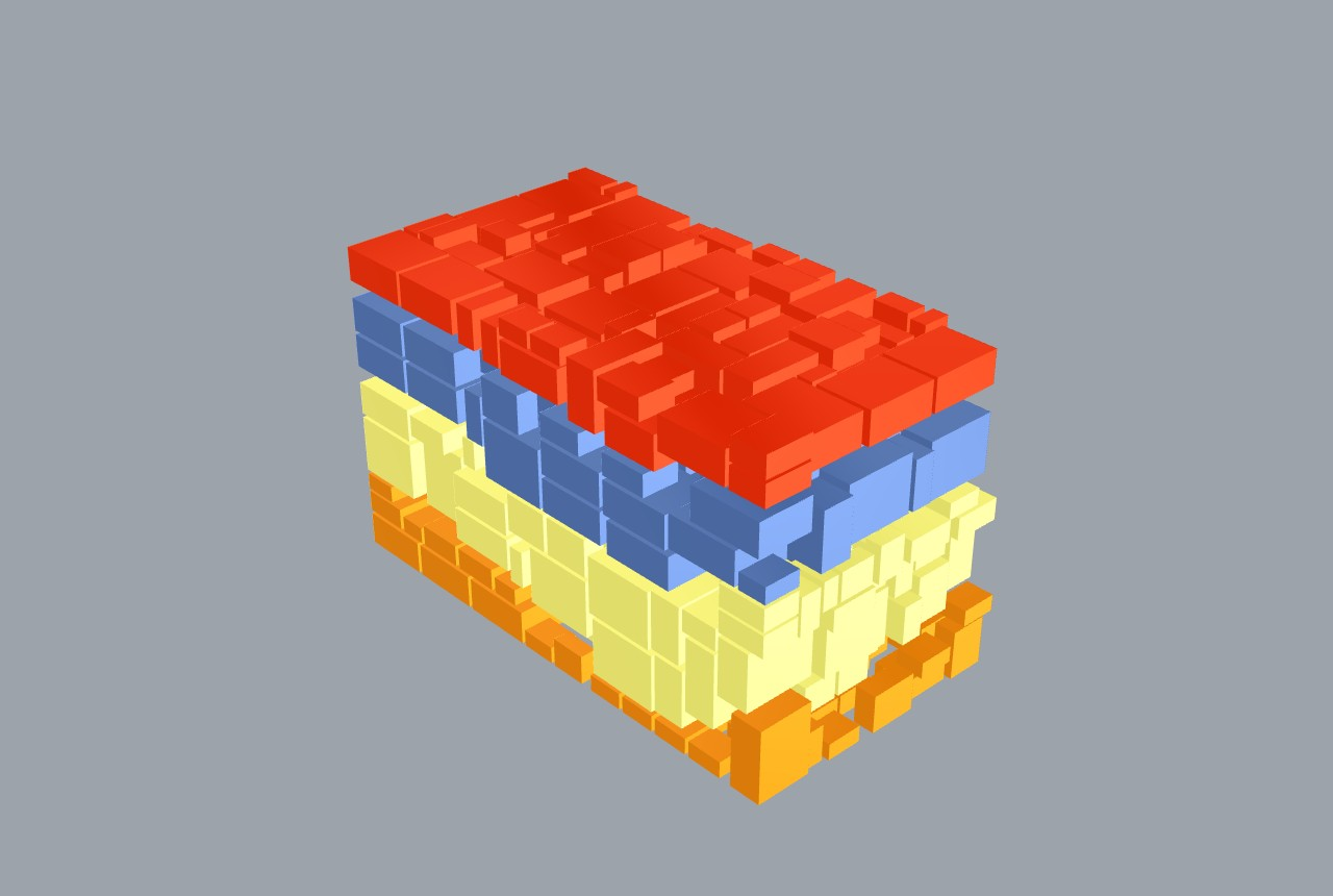 Uncertainty-safe quarry yield: blocks packed only into intact rock, with an inward clearance set to the GPR position sigma