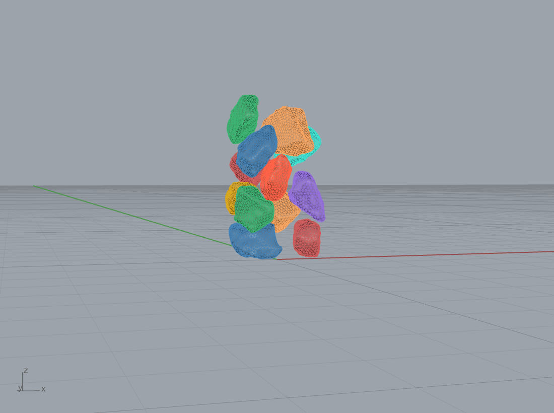 Bullet rigid-body settle of 12 ETH1100 dry-stone scans into a stable pile