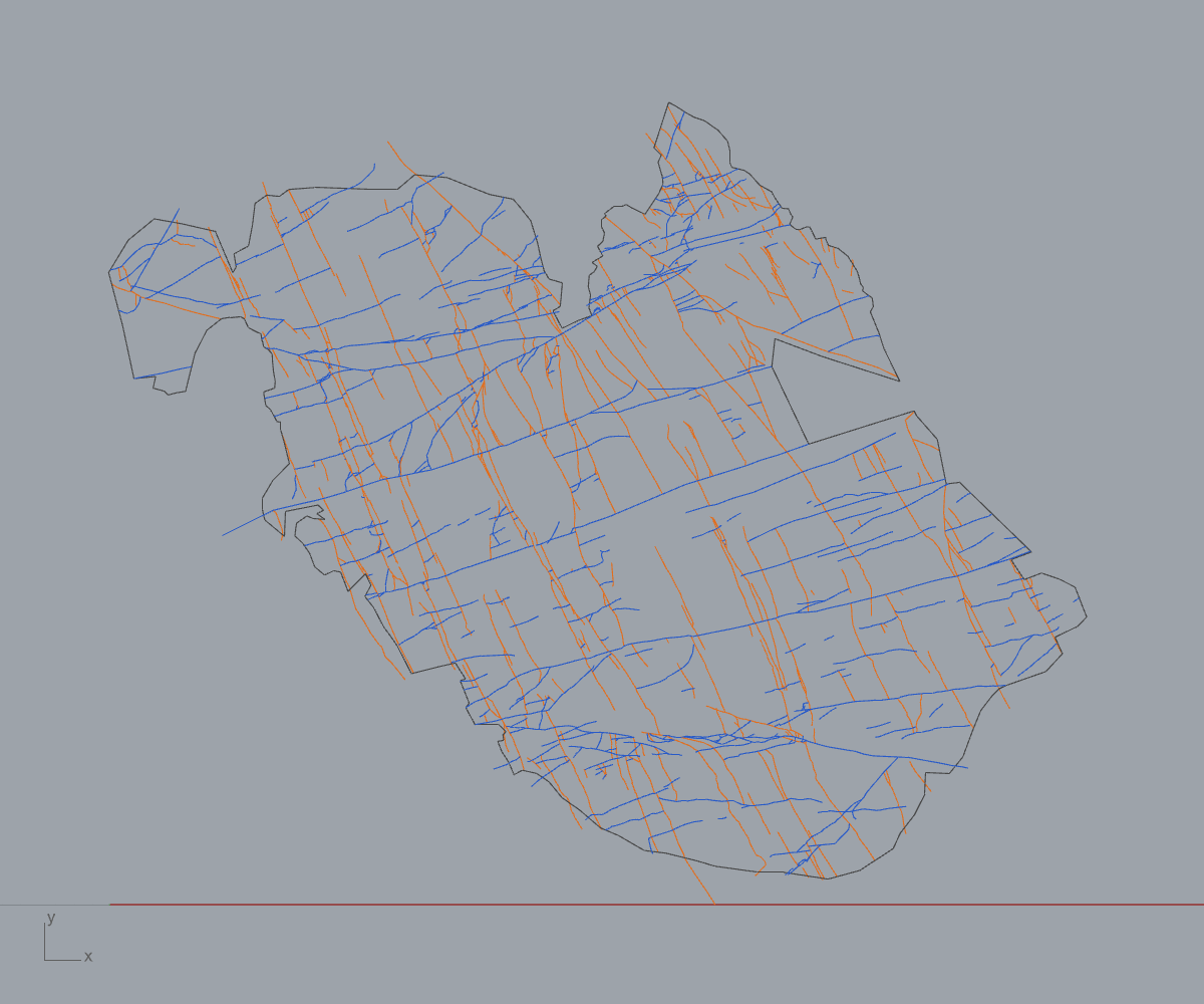 Loviisa KB11 surface fracture map: 708 traces over a ~54 x 45 m outcrop, coloured by strike set